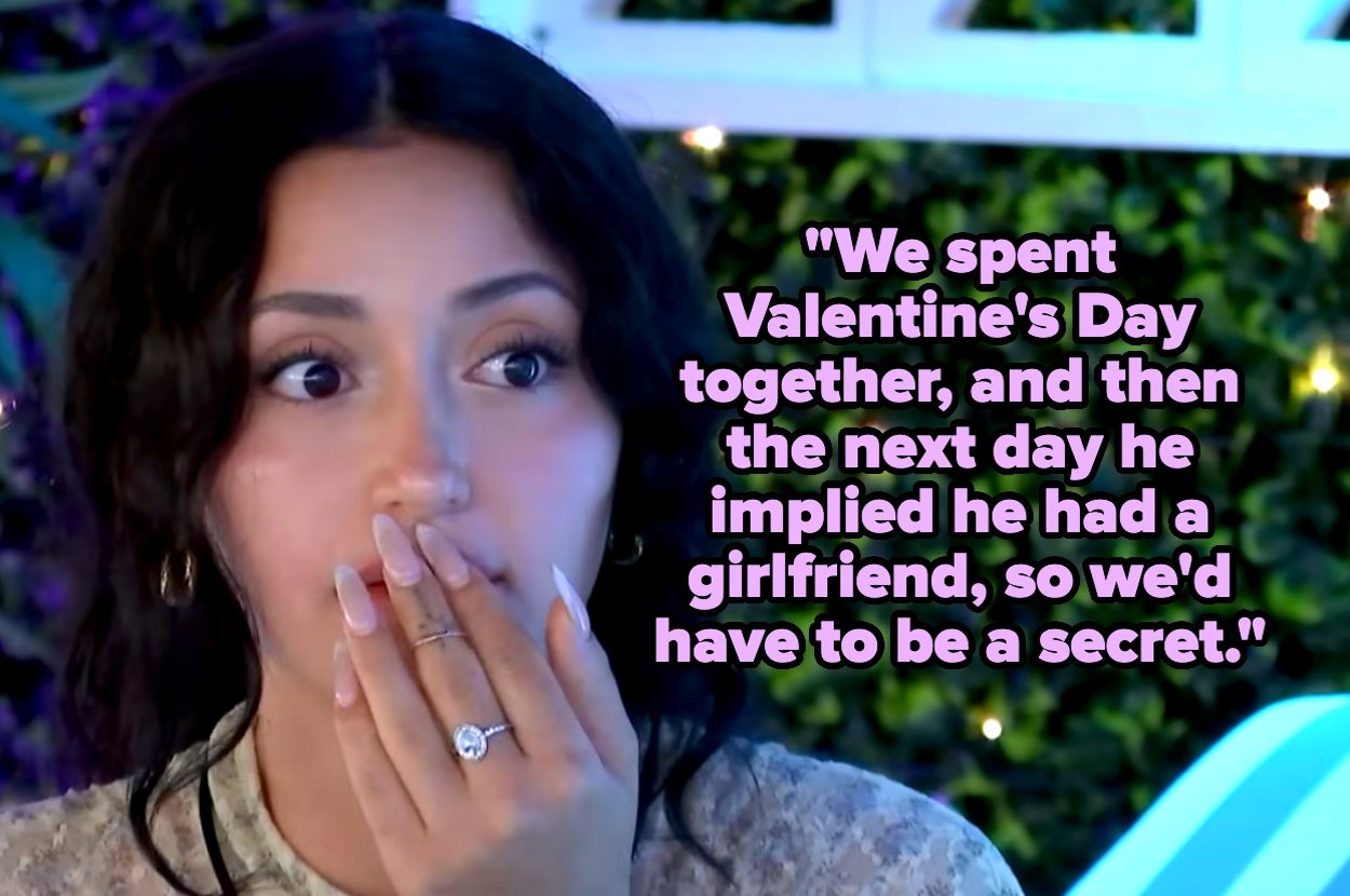 Woman with hand over mouth, surprised expression. Quote: "We spent Valentine's Day together, then he implied he had a girlfriend, so we'd have to be a secret"
