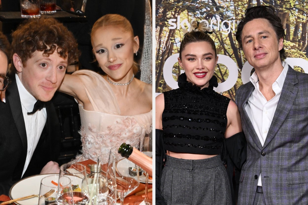 Two celebrity couples at events: Ariana Grande and Ethan Slater, and Florence Pugh and Zach Braff
