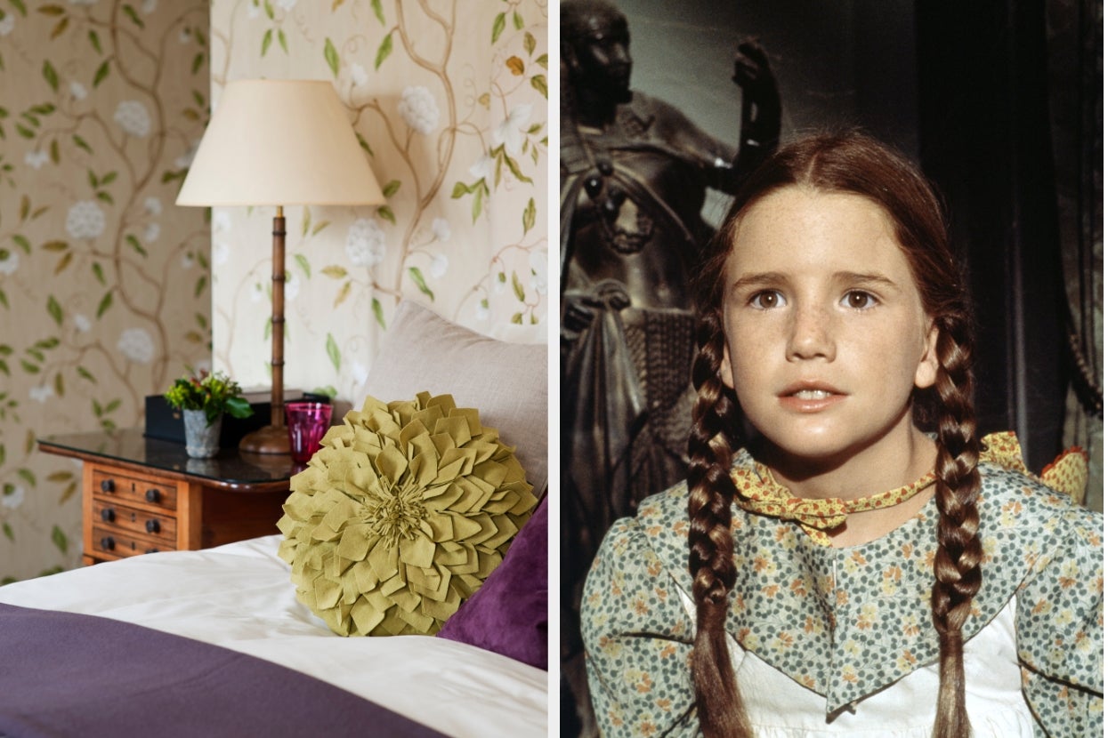 Left side: Cozy bedroom with floral wallpaper and decorative pillows. Right side: Melissa Gilbert as Laura on "Little House on the Prairie" with braided hair, wearing a floral blouse