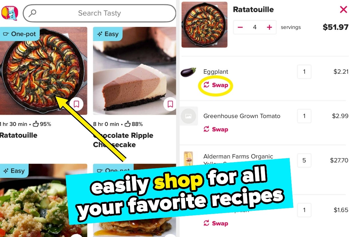 Screenshot of a recipe app featuring ratatouille and chocolate ripple cheesecake, highlighting a swap option for ingredients like eggplant