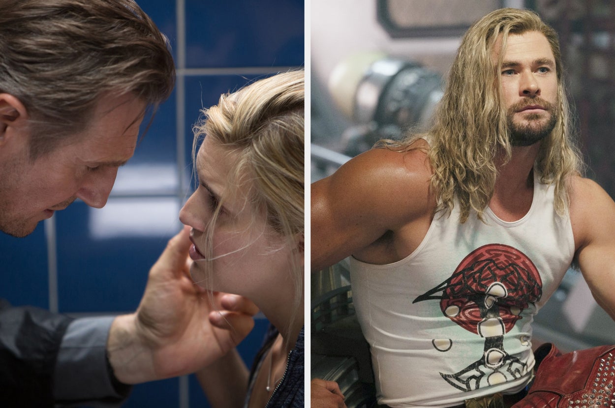 Two-panel image: Left, a man gently touches a woman's face in an emotional scene. Right, a man with long hair and muscular build wears a sleeveless graphic top