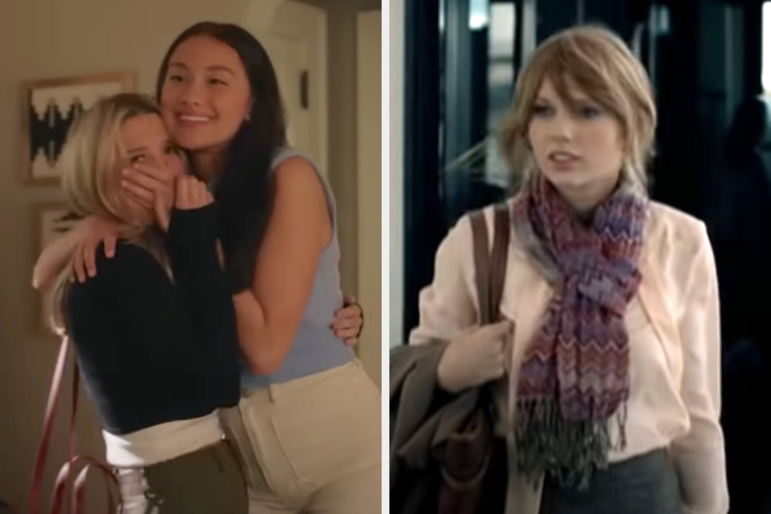 On the left, Belly from TSITP playfully covering up Taylor's mouth, and on the right, Taylor Swift getting off a bus in the Mine music video