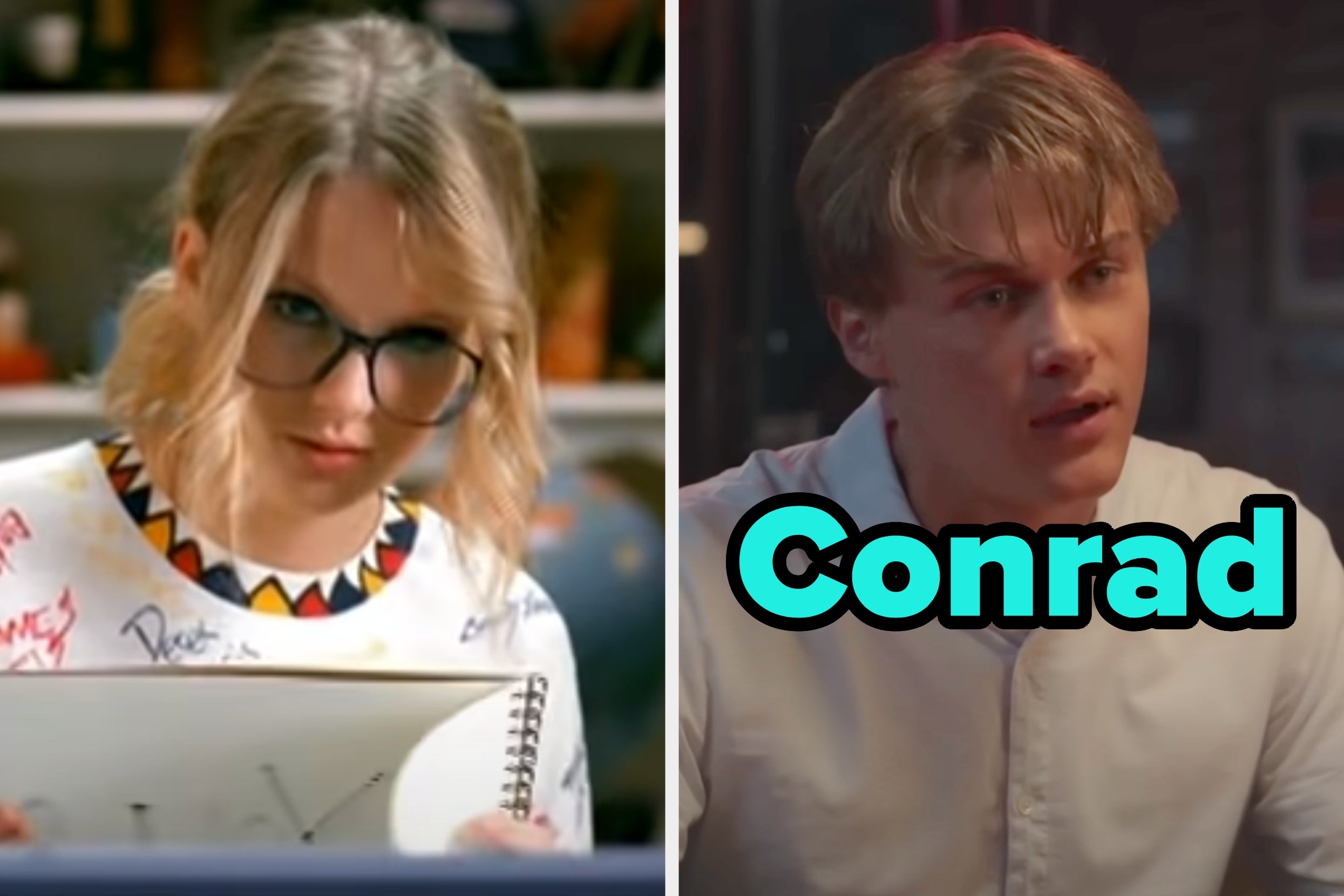 On the left, Taylor Swift in the You Belong With Me music video, and on the right, Conrad from The Summer I Turned Pretty
