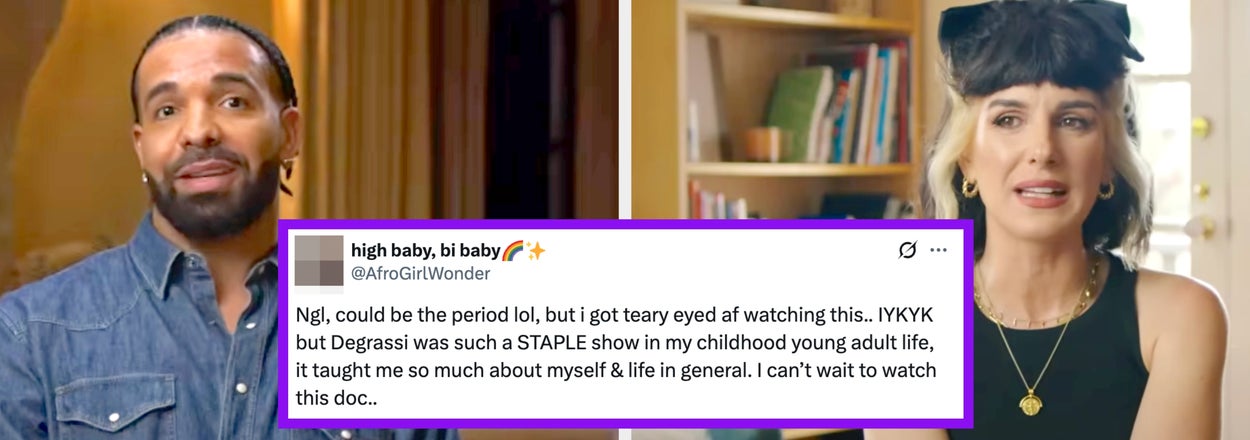 Two people expressing thoughtful emotions; overlayed tweet praises "Degrassi" for its impact on life and eagerness to watch related documentary