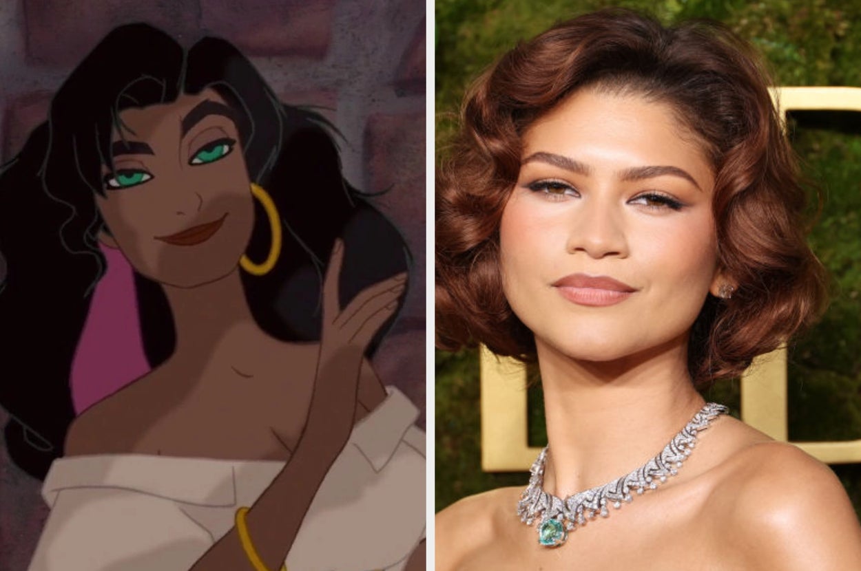 Animated character with long hair and an off-shoulder top next to a person wearing a stylish necklace and elegant attire