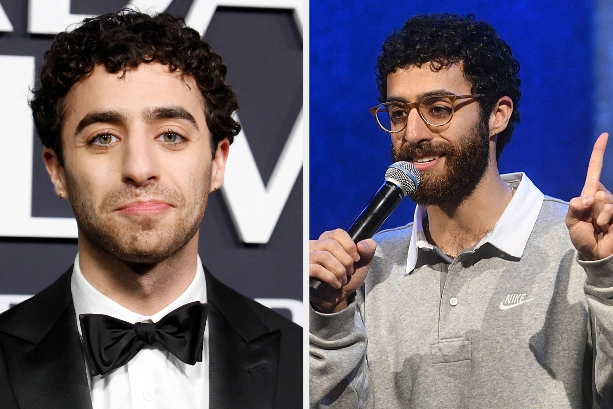 Man in a suit with a bow tie on the left; on the right, he is speaking into a microphone, wearing glasses and a casual shirt