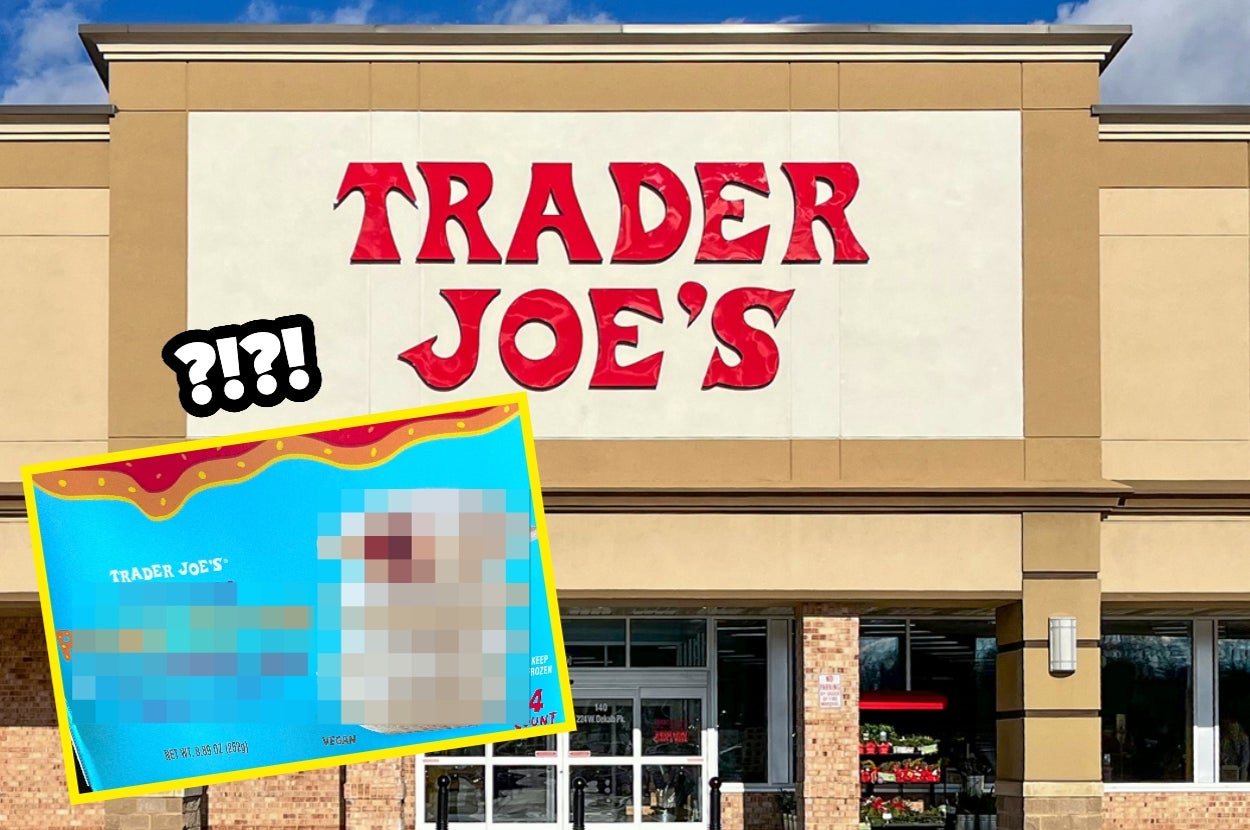 Trader Joe's storefront with a blurred product and text graphic suggesting mystery