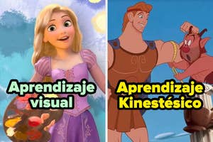 Imagen dividida: izquierda muestra a una princesa con pinceles titulada "Aprendizaje visual"; derecha, héroe levantando pesas titulada "Aprendizaje Kinestésico"