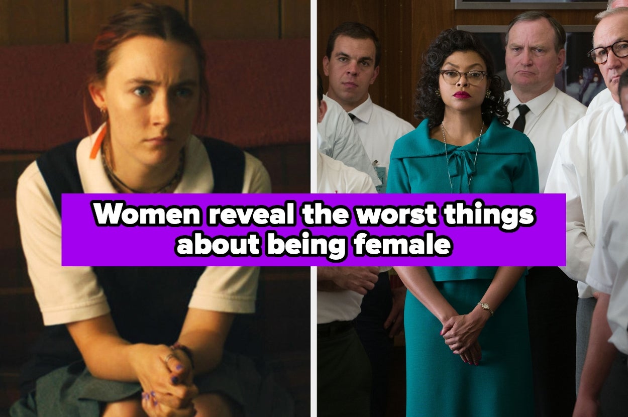 Two images: A contemplative woman seated; a woman in professional attire with glasses, standing among colleagues. Text: "Women reveal the worst things about being female."