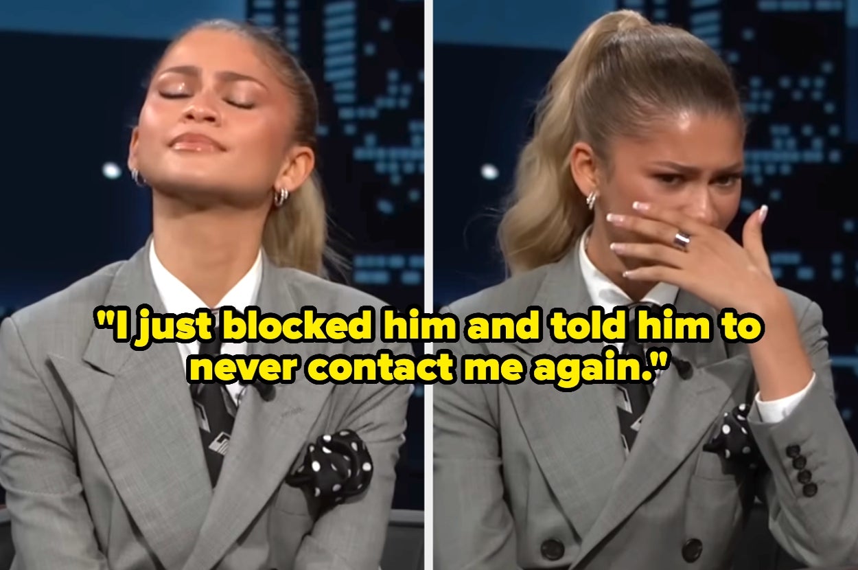 A person in a gray suit looks annoyed in the first image, and emotional in the second. Text states, "I just blocked him and told him to never contact me again"