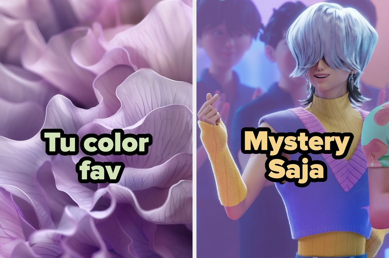 Left: Close-up of ruffled petals with text "Tu color fav." Right: Animated character with oversized hair and modern outfit with "Mystery Saja" text