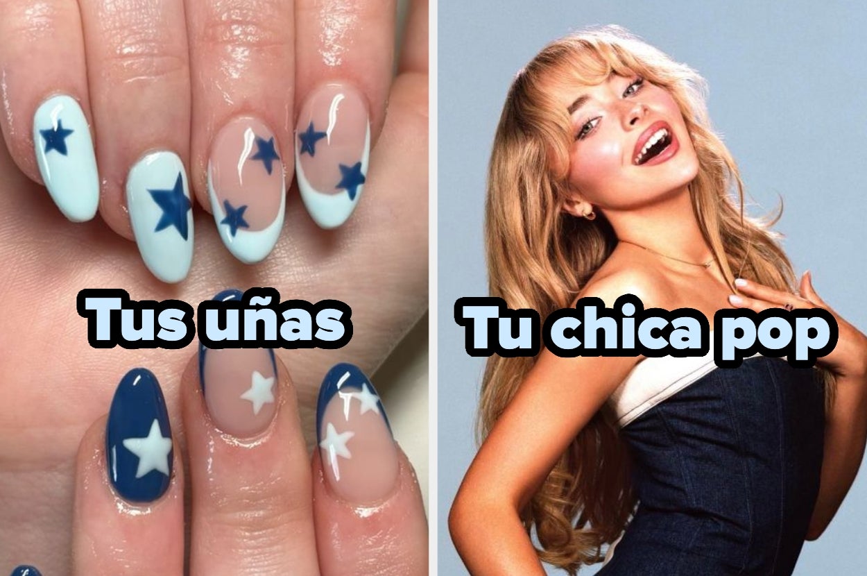 Mano con uñas decoradas con estrellas a la izquierda, mujer sonriente con vestido a la derecha. Texto: "Tus uñas" y "Tu chica pop"