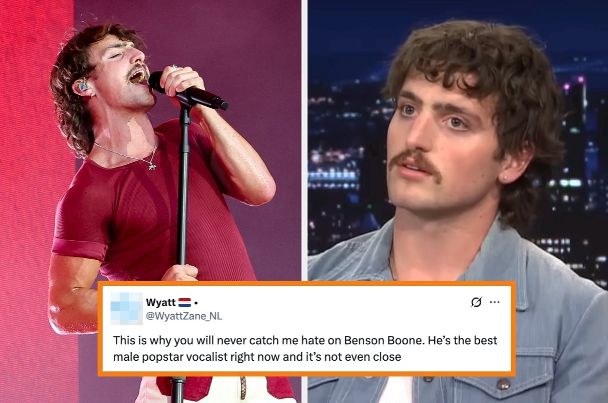 Singer passionately performing with a microphone on stage; inset of same person in an interview. Tweet praises his vocals as best male popstar