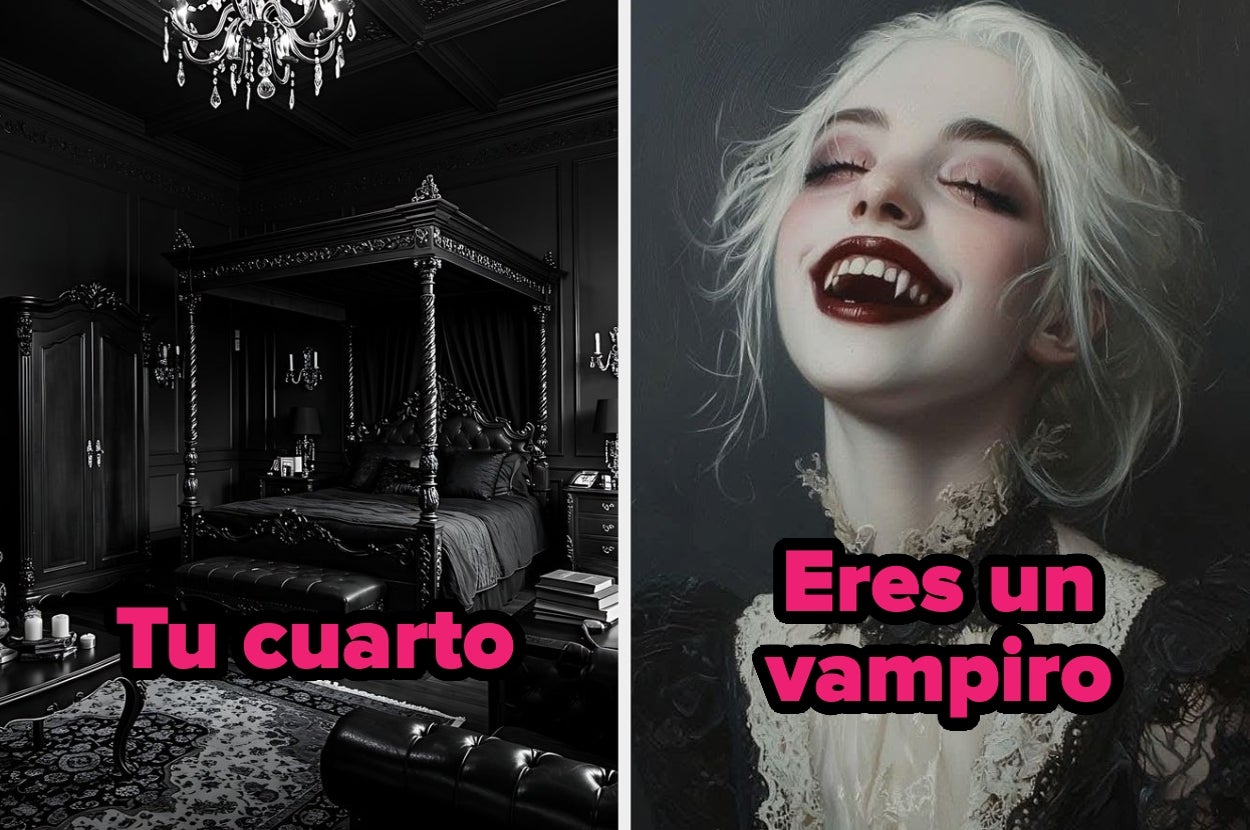 Left: Ornate bedroom with dark decor. Right: Smiling vampire illustration with fangs. Text: "Tu cuarto" and "Eres un vampiro."