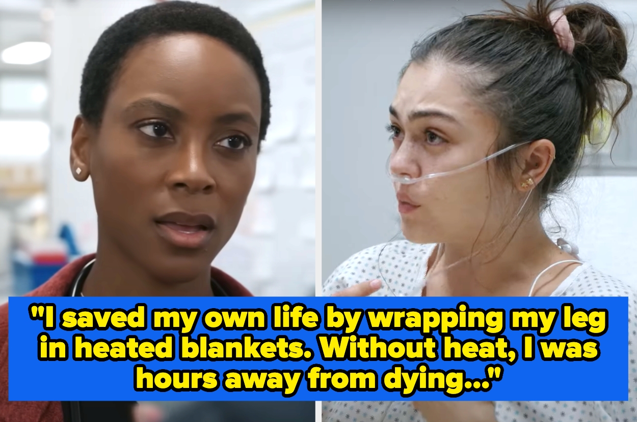 Split image: On the left, a concerned individual in a medical setting. On the right, a patient in a hospital gown with an oxygen tube