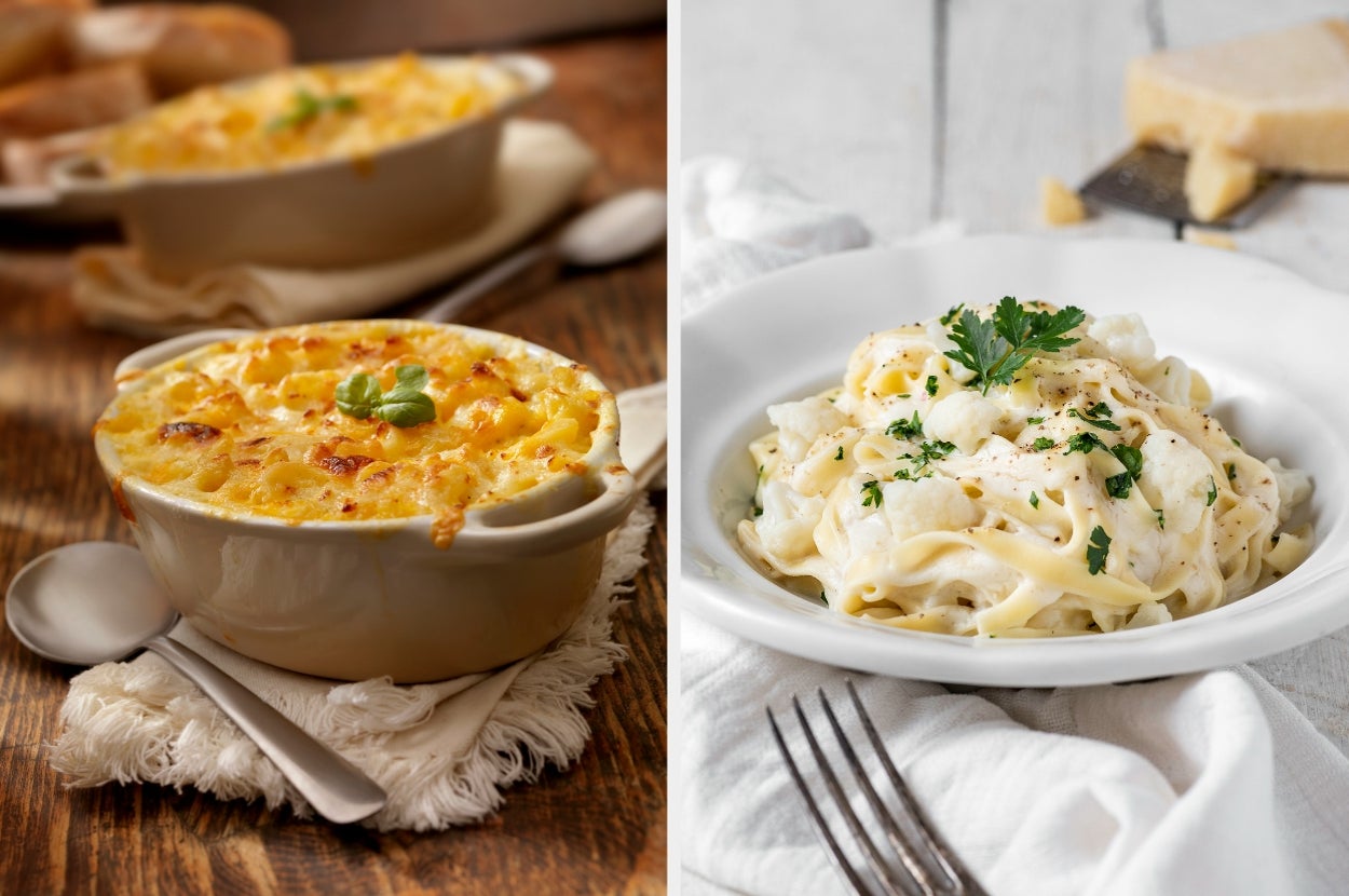 Two bowls of pasta: mac and cheese on the left, creamy fettuccine topped with parsley on the right