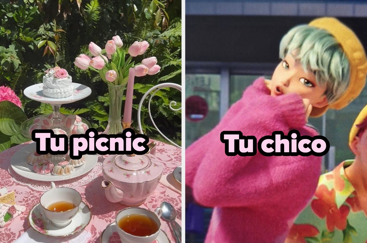 Montaje humorístico con dos fotos: una mesa de picnic elegante y otra de un joven con ropa moderna en una pose divertida. Texto: "Tu picnic" y "Tu chico"