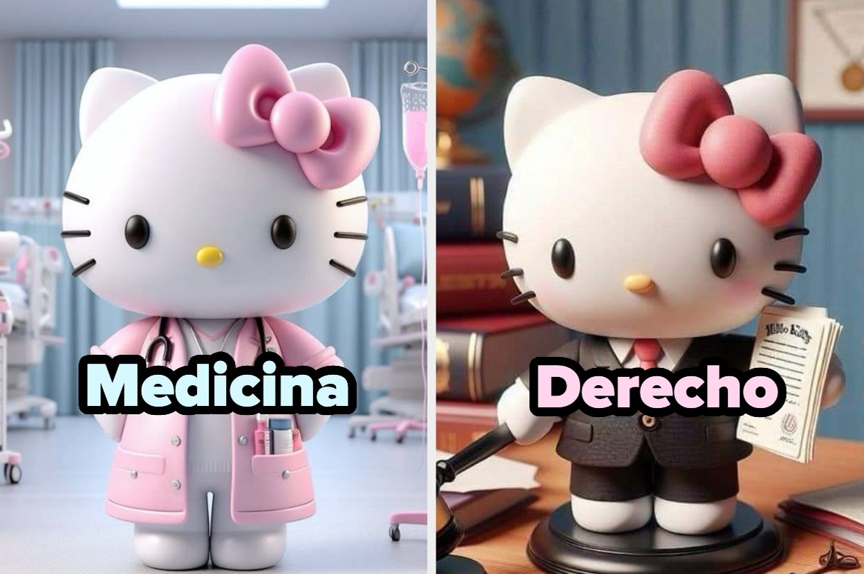 Hello Kitty vestida como médica a la izquierda y como abogada a la derecha, con atuendos profesionales y accesorios respectivos