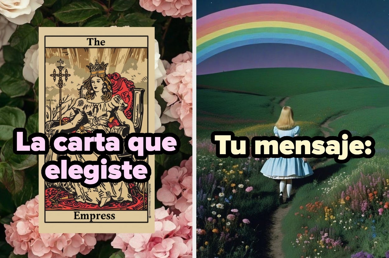 Tarjeta de tarot de la Emperatriz a la izquierda; a la derecha, personaje estilo cuento de hadas camina hacia un arcoíris en un campo florido. Texto: "La carta que elegiste; Tu mensaje:"