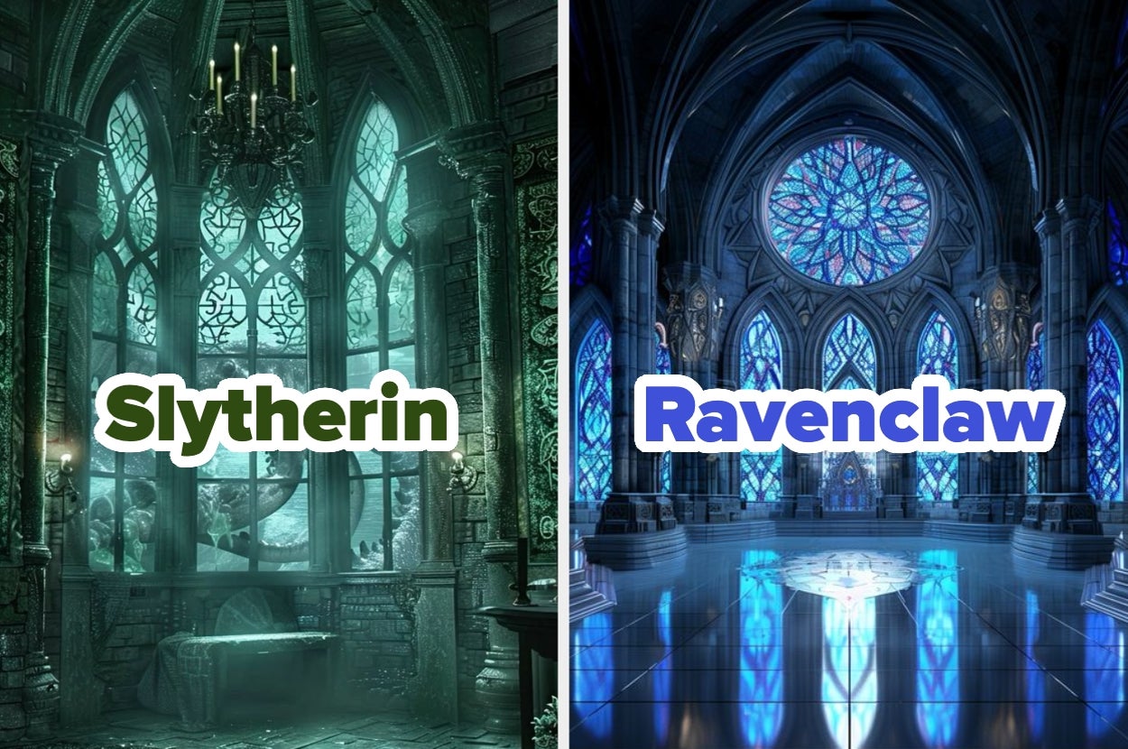 Slytherin common room with Gothic decor and stained glass; Ravenclaw common room with arched windows and large rose window