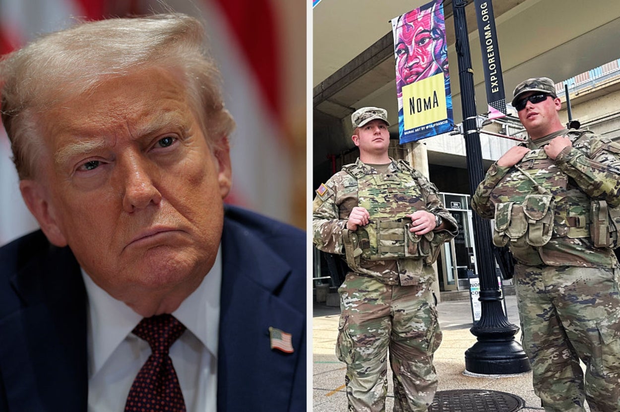 Left: Person looking serious at a conference. Right: Two uniformed military personnel standing on a street next to a museum banner