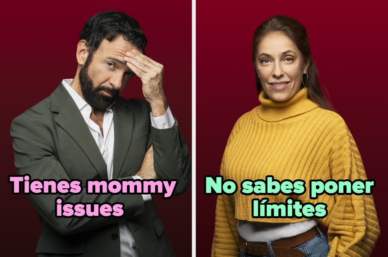 Un hombre parece pensativo, con texto "Tienes mommy issues". Una mujer sonríe, con texto "No sabes poner límites"