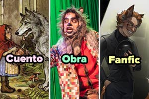 Tres imágenes del lobo feroz: en un cuento tradicional, en una obra teatral con disfraz, y en un fanfiction con estilo moderno