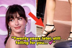 Celebrity smiling with bangs, wearing elegant dangling earrings. An arrow points to studded strappy sandals they're wearing. Caption: "Twenty years later...💖"