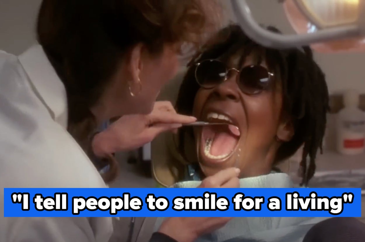 A person is at a dental appointment, wearing sunglasses, with the dentist examining their teeth. Caption reads, "I tell people to smile for a living."