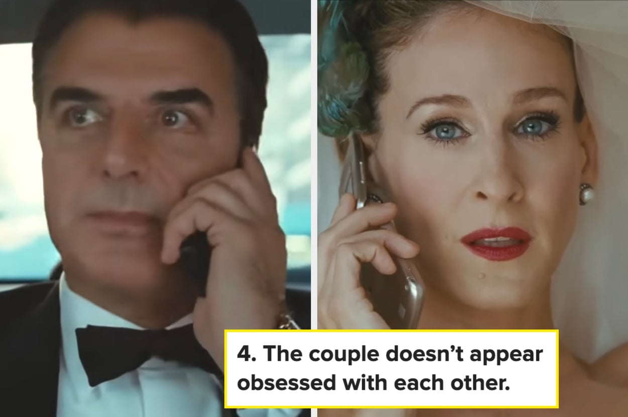 Split image: Left shows a man in a tuxedo on the phone; right shows a woman in wedding attire on the phone. Caption reads, "The couple doesn't appear obsessed with each other."