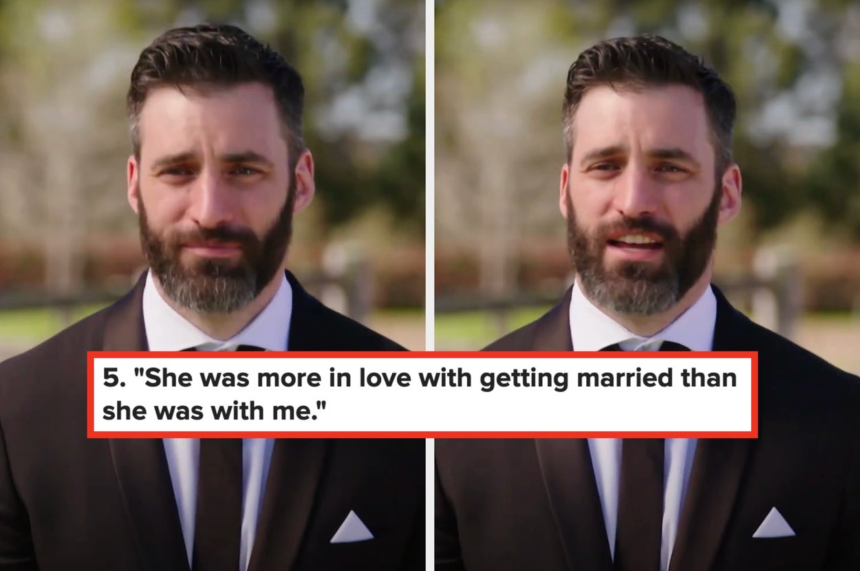 Groom, concerned, with text overlay: "She was more in love with getting married than she was with me"