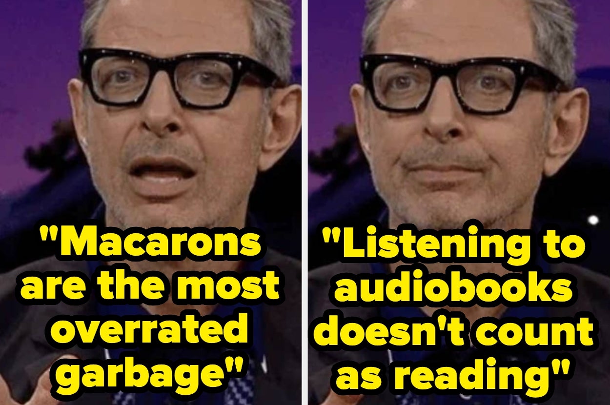 Person with glasses, face split in two parts with captions: "Macarons are the most overrated garbage" and "Listening to audiobooks doesn't count as reading."