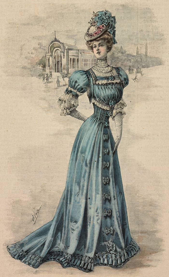 Woman successful elaborate 19th-century formal and chapeau stands confidently, with a gathering successful the background, exuding Victorian-era elegance