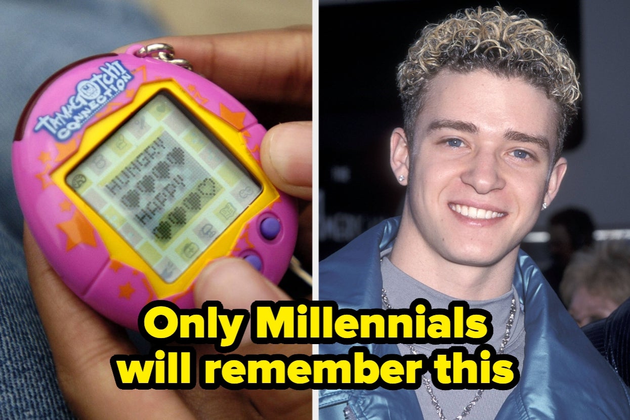 Split image of a Tamagotchi and Justin Timberlake with frosted tips. Text: "Only Millennials will remember this"