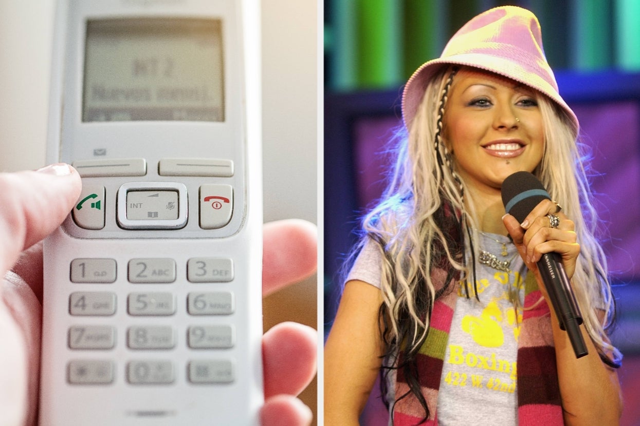 Split image of a landline phone and Christina Aguilera wearing a fedora.