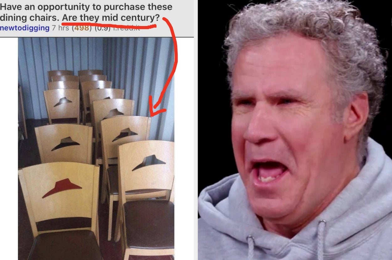 Chairs with hat designs questionably labeled as mid-century, alongside a surprised person reacting humorously