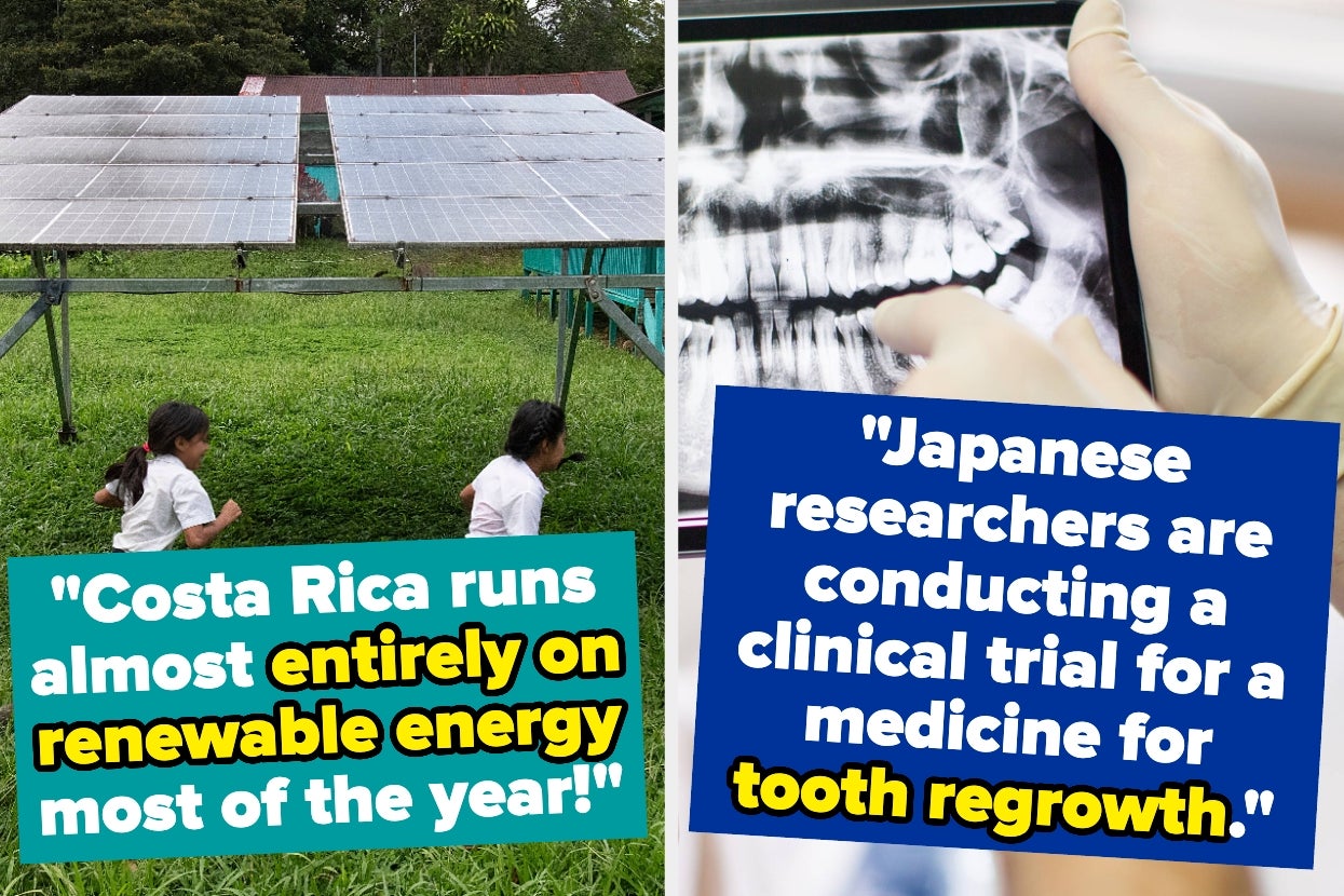 Children walk by solar panels; headline reads, "Costa Rica runs almost entirely on renewable energy most of the year!" The second frame shows a dental x-ray with a headline about Japanese clinical trials for tooth regrowth