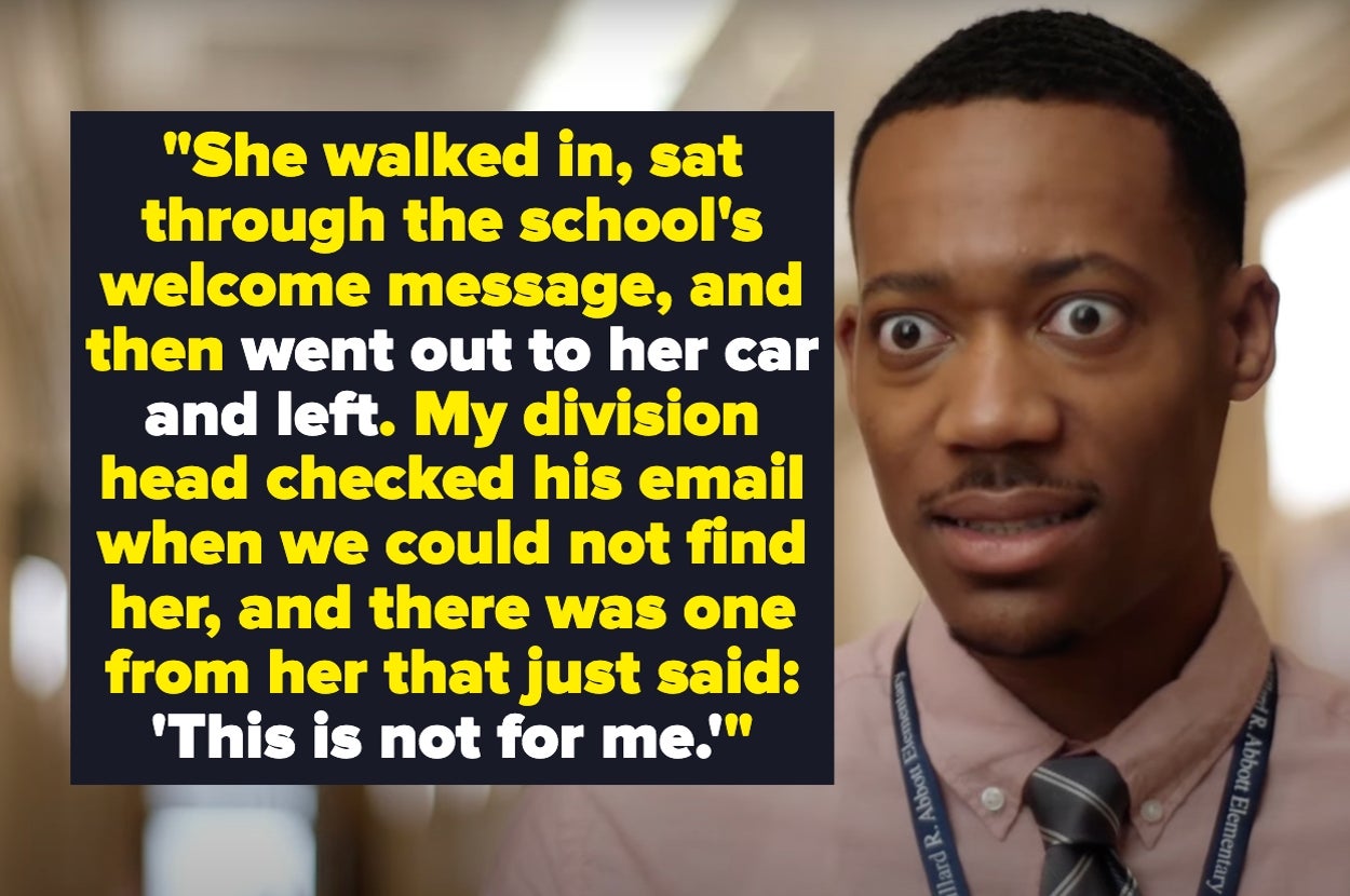 Person in a tie appears concerned. Text: "She walked in, sat through the school's welcome message, and then went out to her car and left..."