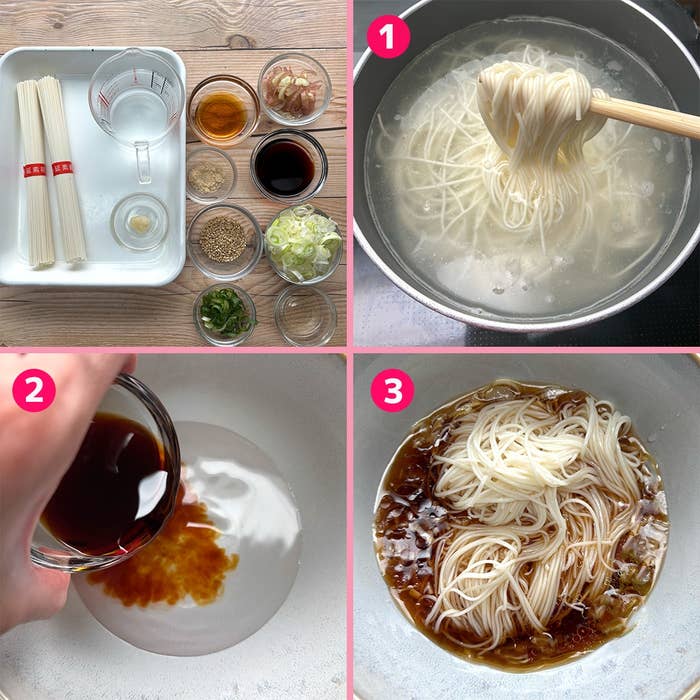 白い麺を鍋で茹でる,調味料(醤油など)を混ぜ合わせる,麺にかける。