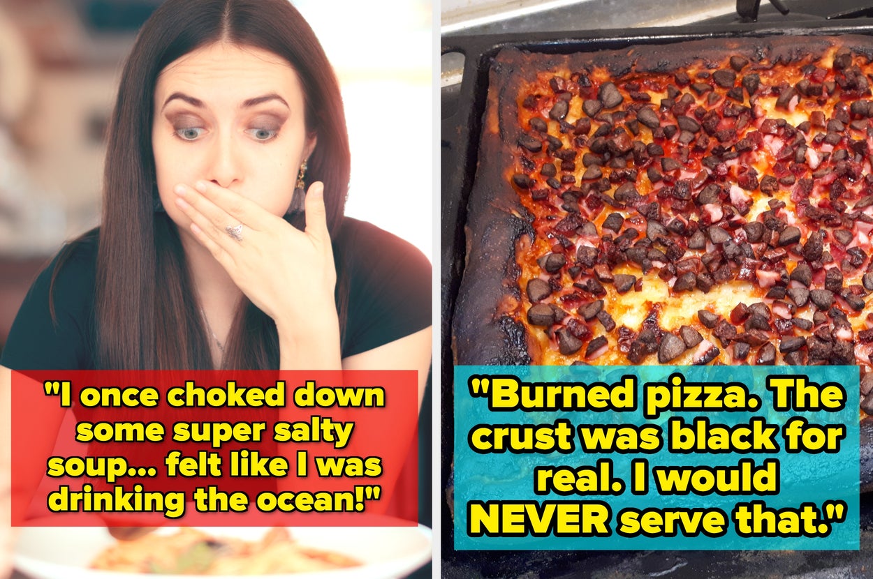 Left: Woman covering her mouth in shock, quote about salty soup. Right: Burned pizza with text expressing disapproval of its appearance