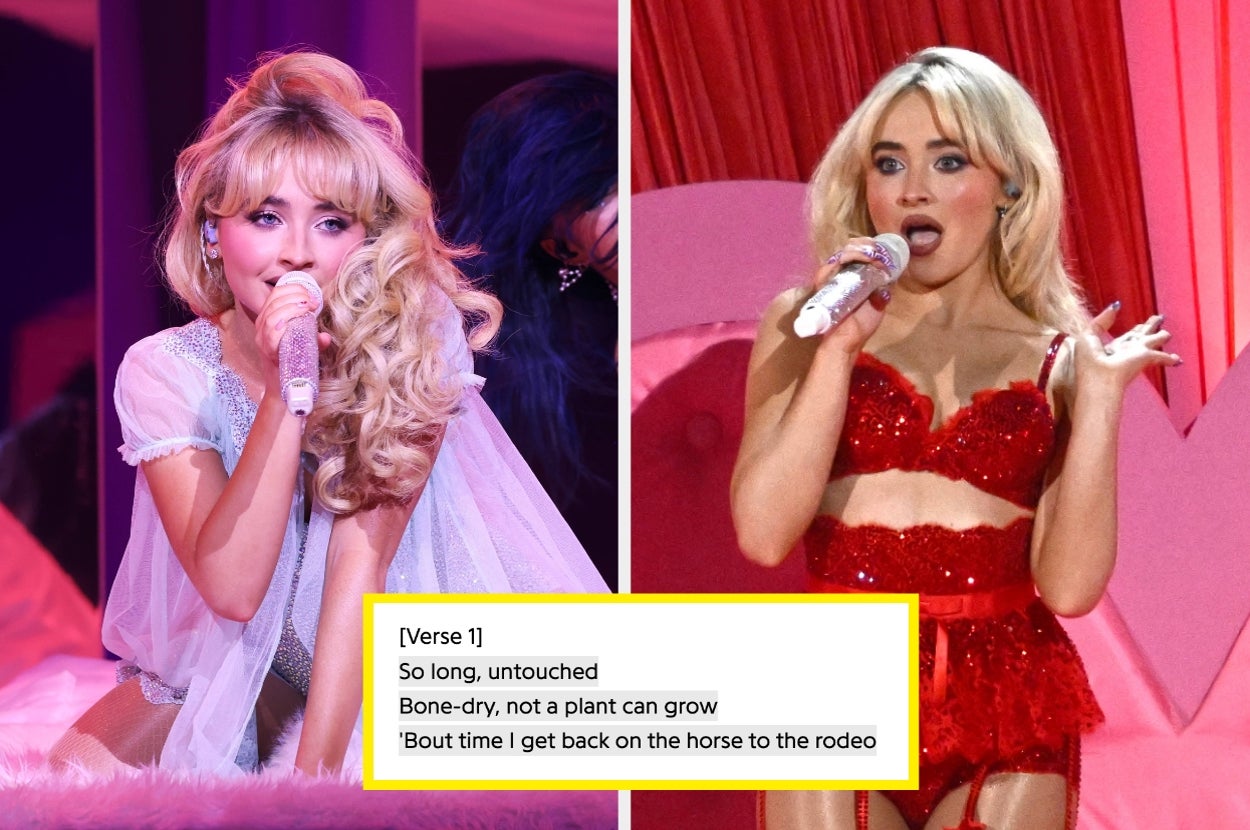 Two pics of Sabrina Carpenter performing provocatively on stage. Snippet of sexually suggestive song lyrics is displayed