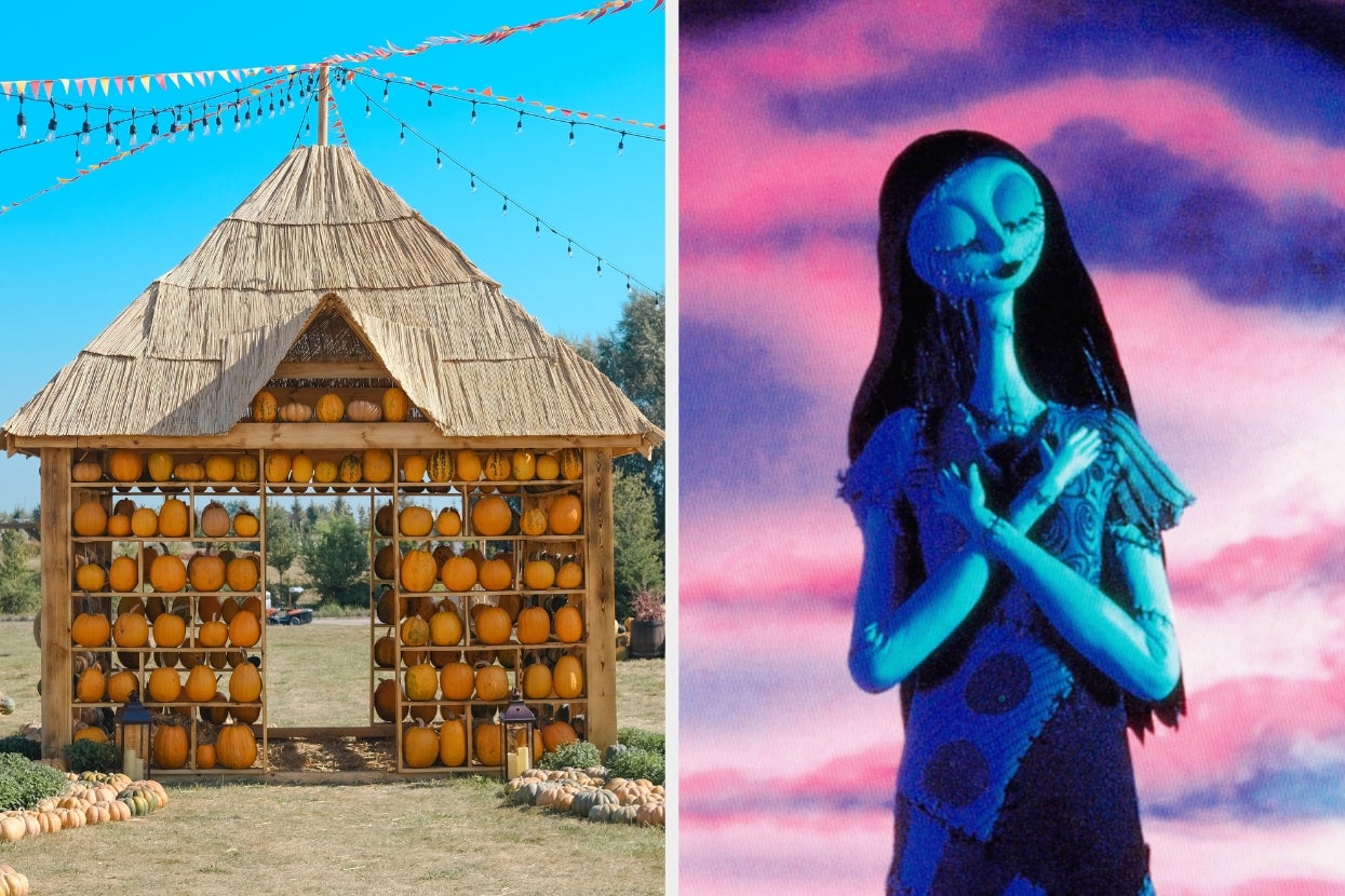 On the left, a straw hut with pumpkins; on the right, Sally from "The Nightmare Before Christmas" with stitched features in front of a pink sky