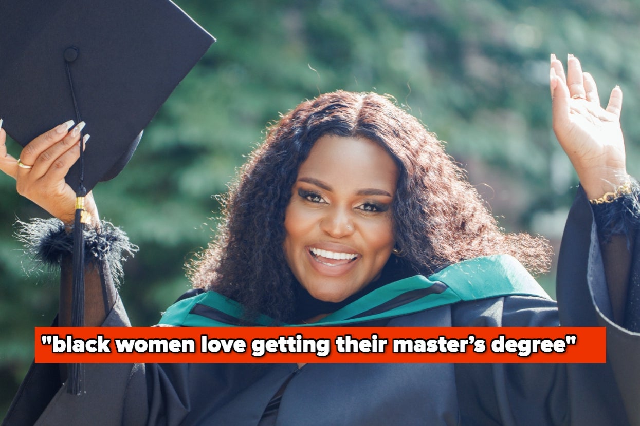 Woman in graduation attire holding cap, smiling with quote: "Black women love getting their master's degree."