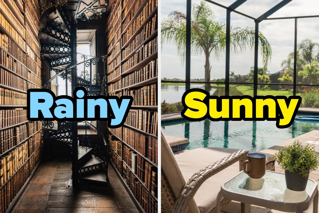 Split image: Left shows a spiral staircase in a library labeled "Rainy," right shows a poolside patio with palm trees labeled "Sunny."