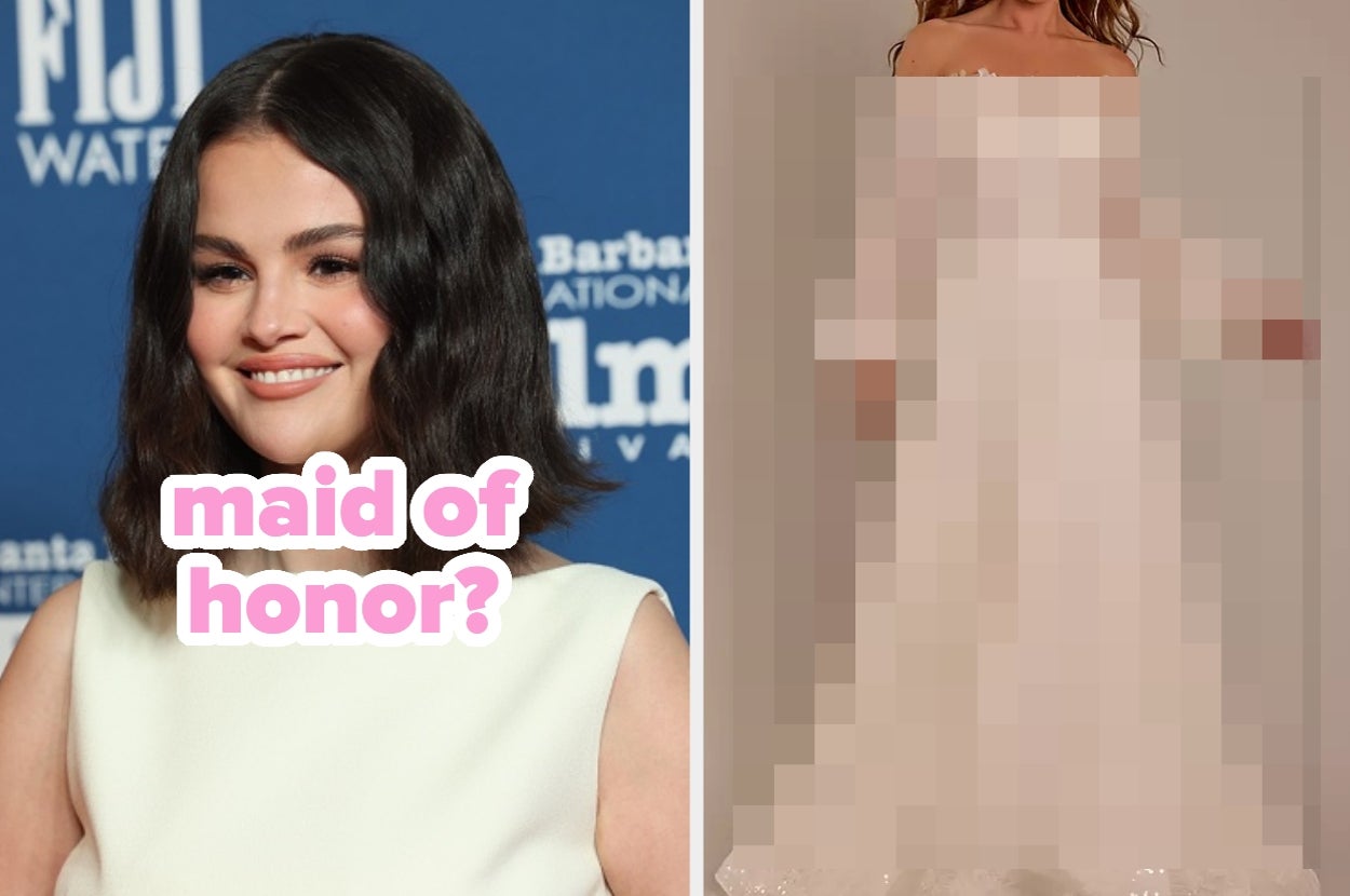 A person in elegant attire at a press event is shown beside a blurred image of a wedding dress with the text "maid of honor?"