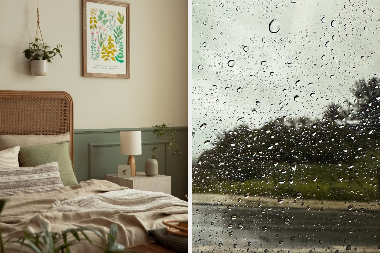 Cozy bedroom with rattan headboard and a framed botanical print; rainy window view with droplets outside