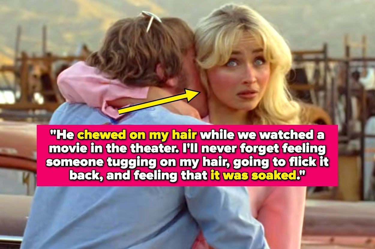 A couple embraces outdoors, with a highlighted text about an awkward date involving hair-chewing at a movie theater