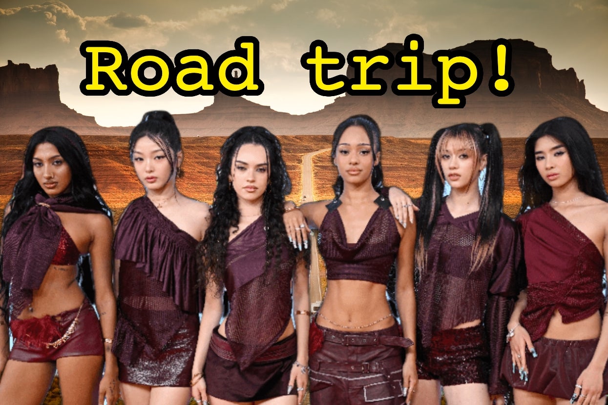 Katseye in stylish coordinated brown outfits pose with "Road trip!" text overlaid. Desert landscape in the background