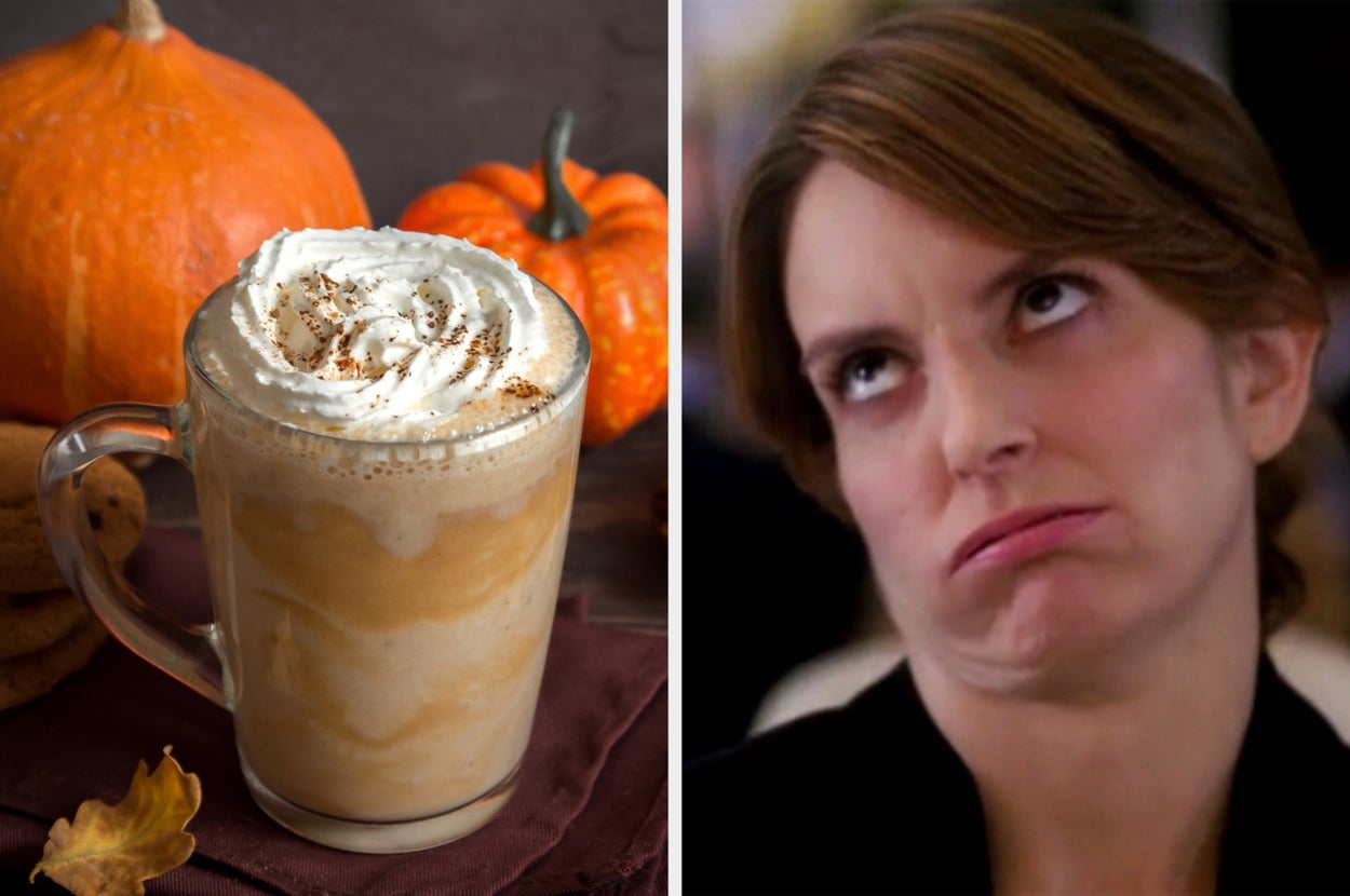 A pumpkin spice latte with whipped cream and a person making a humorous, exaggerated eye-roll expression