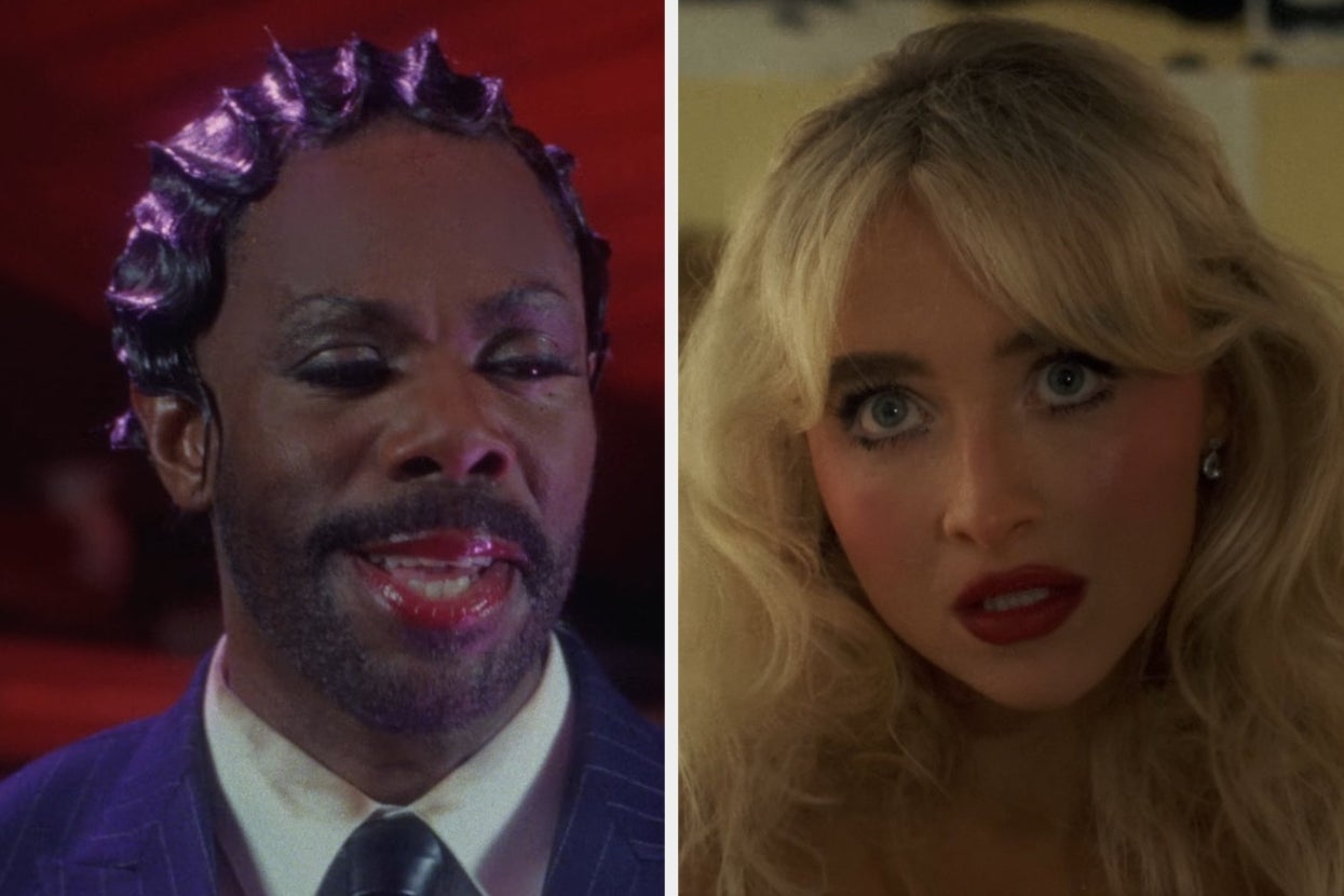 Two people in dramatic, glamorous makeup and styled hair, possibly in a scene from a performance or film